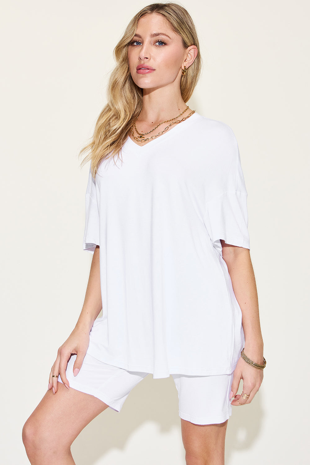 Bae Full Size V-Neck Shoulder T-Shirt and Shorts Set