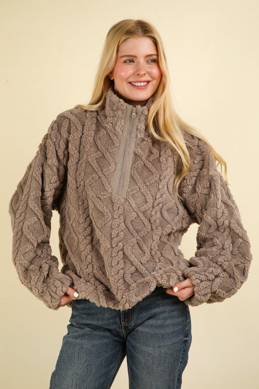 Fuzzy Fleece Half Zip Cable Pattern Sweatshirt