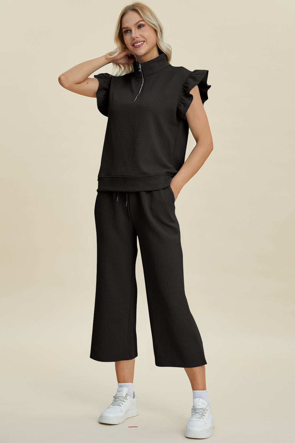 Ruffle Short Sleeve Top and Wide Leg Pants Set