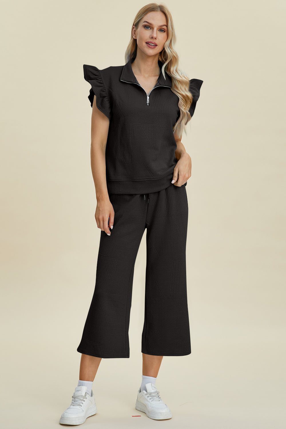 Ruffle Short Sleeve Top and Wide Leg Pants Set