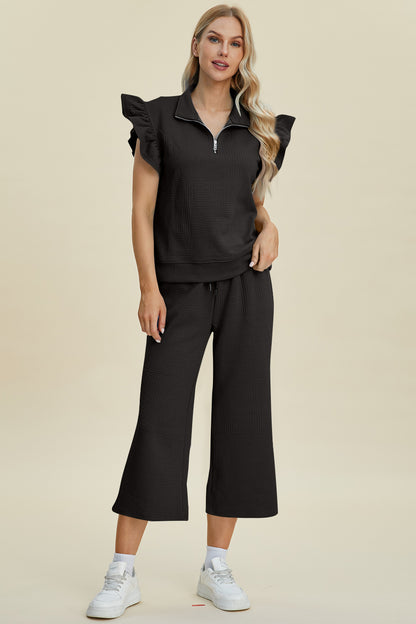 Ruffle Short Sleeve Top and Wide Leg Pants Set