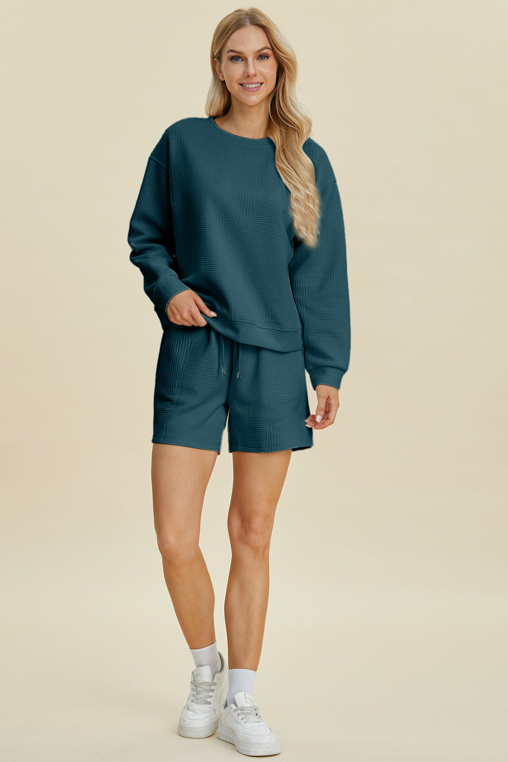 Texture Crew Neck Long Sleeve Top and Shorts Set