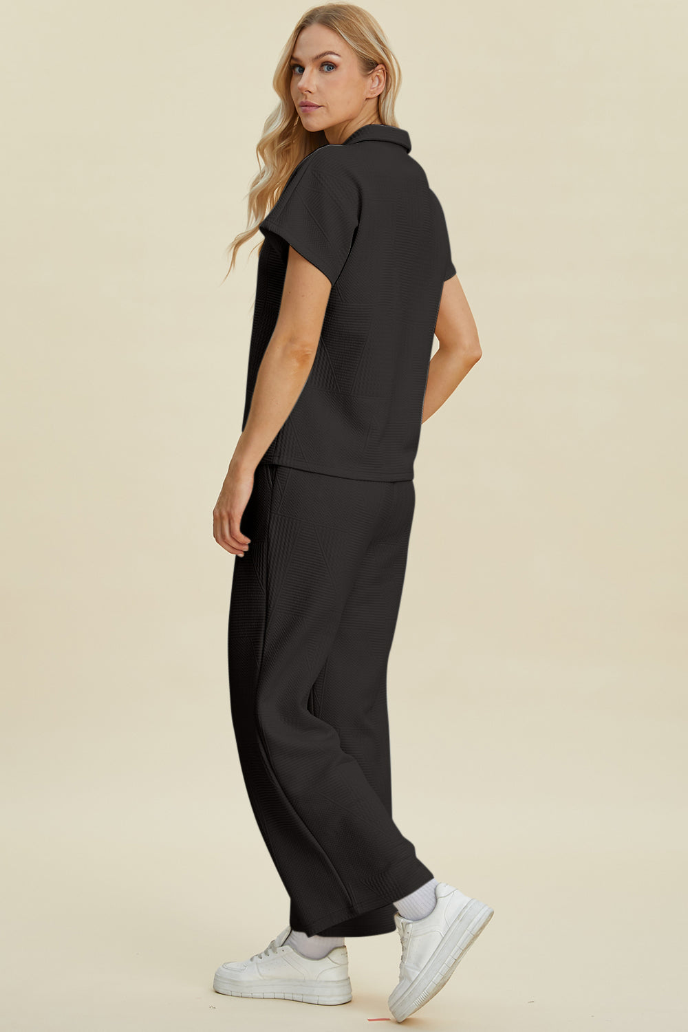 Collared Neck Short Sleeve Top and Pants Set