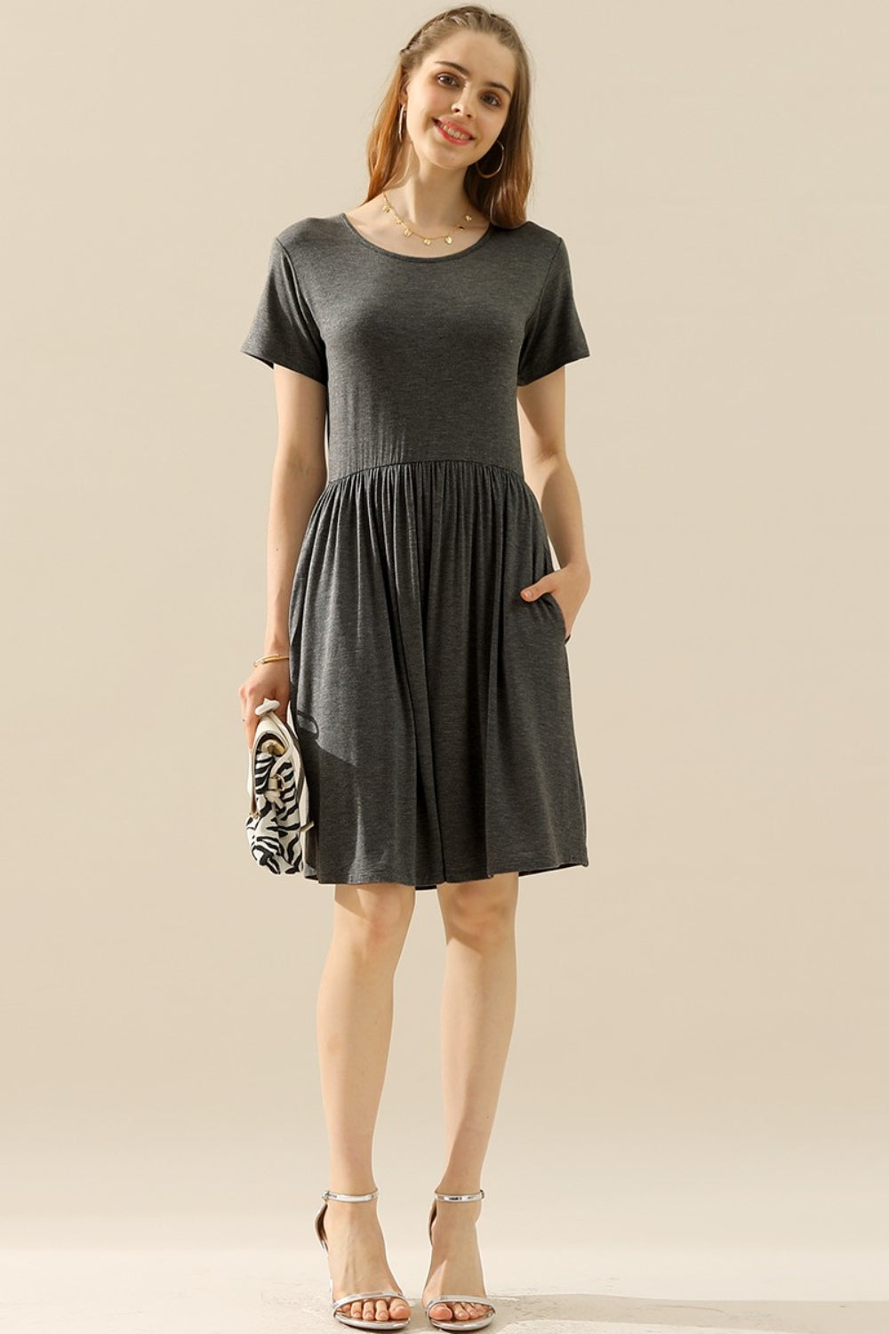 Round Neck Ruched Dress with Pockets