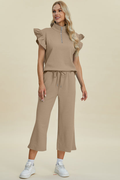 Ruffle Short Sleeve Top and Wide Leg Pants Set