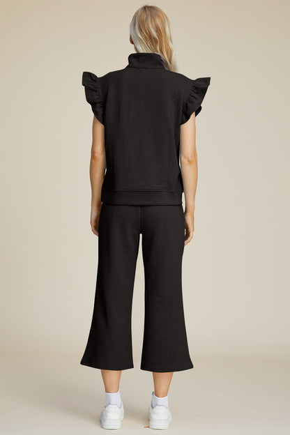 Ruffle Short Sleeve Top and Wide Leg Pants Set