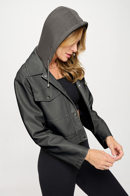 Cropped Hooded Biker Jacket