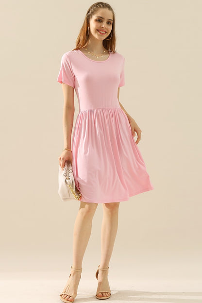 Round Neck Ruched Dress with Pockets