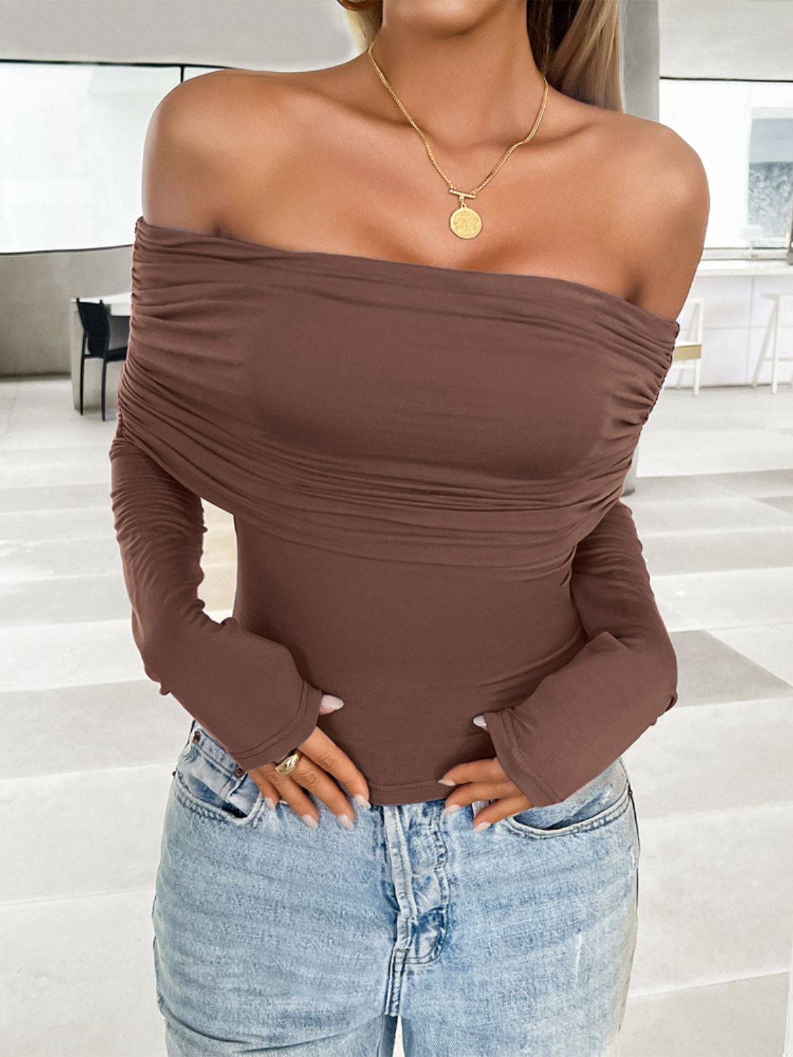 Devine Ruched Off-Shoulder Long Sleeve T-Shirt