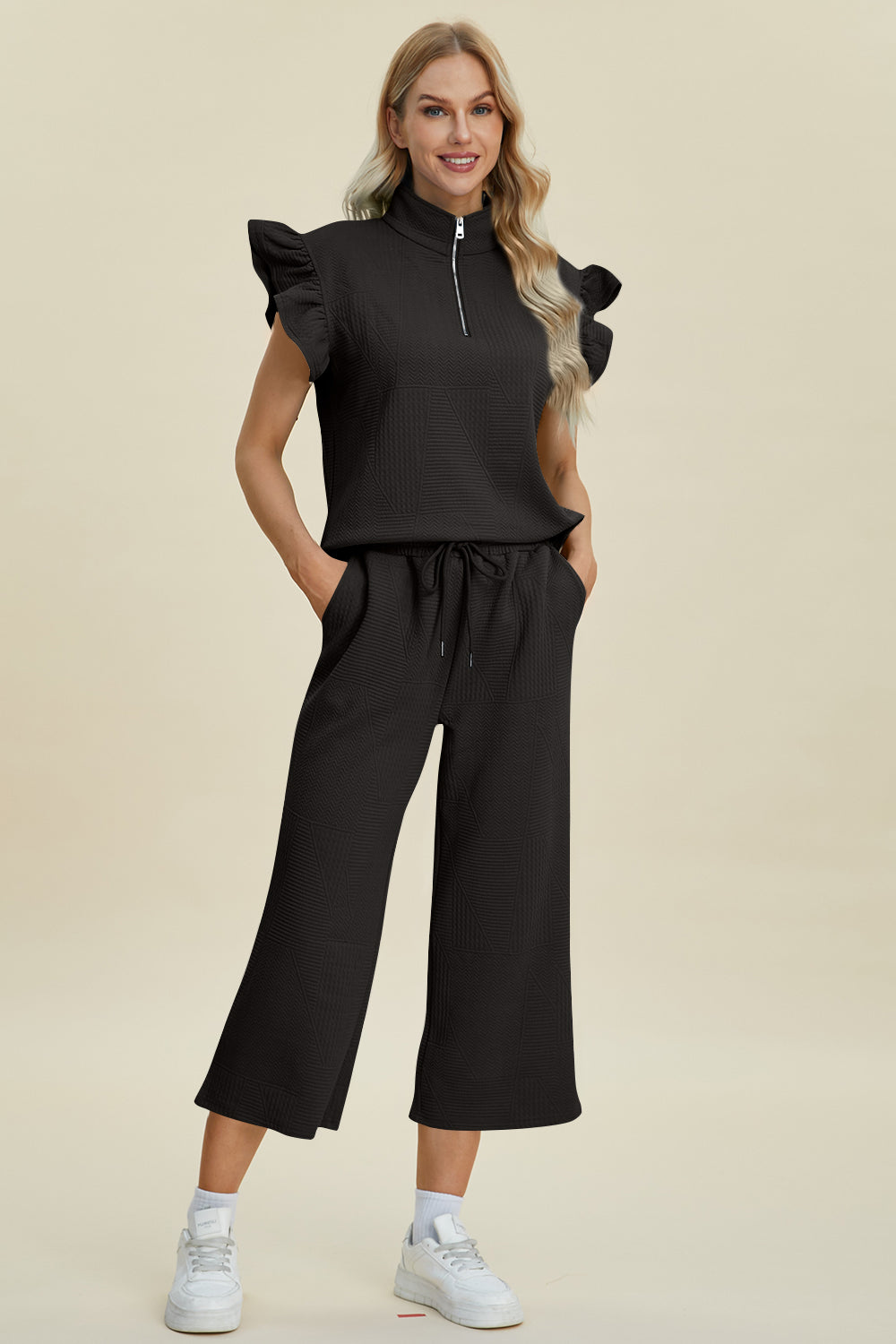 Ruffle Short Sleeve Top and Wide Leg Pants Set