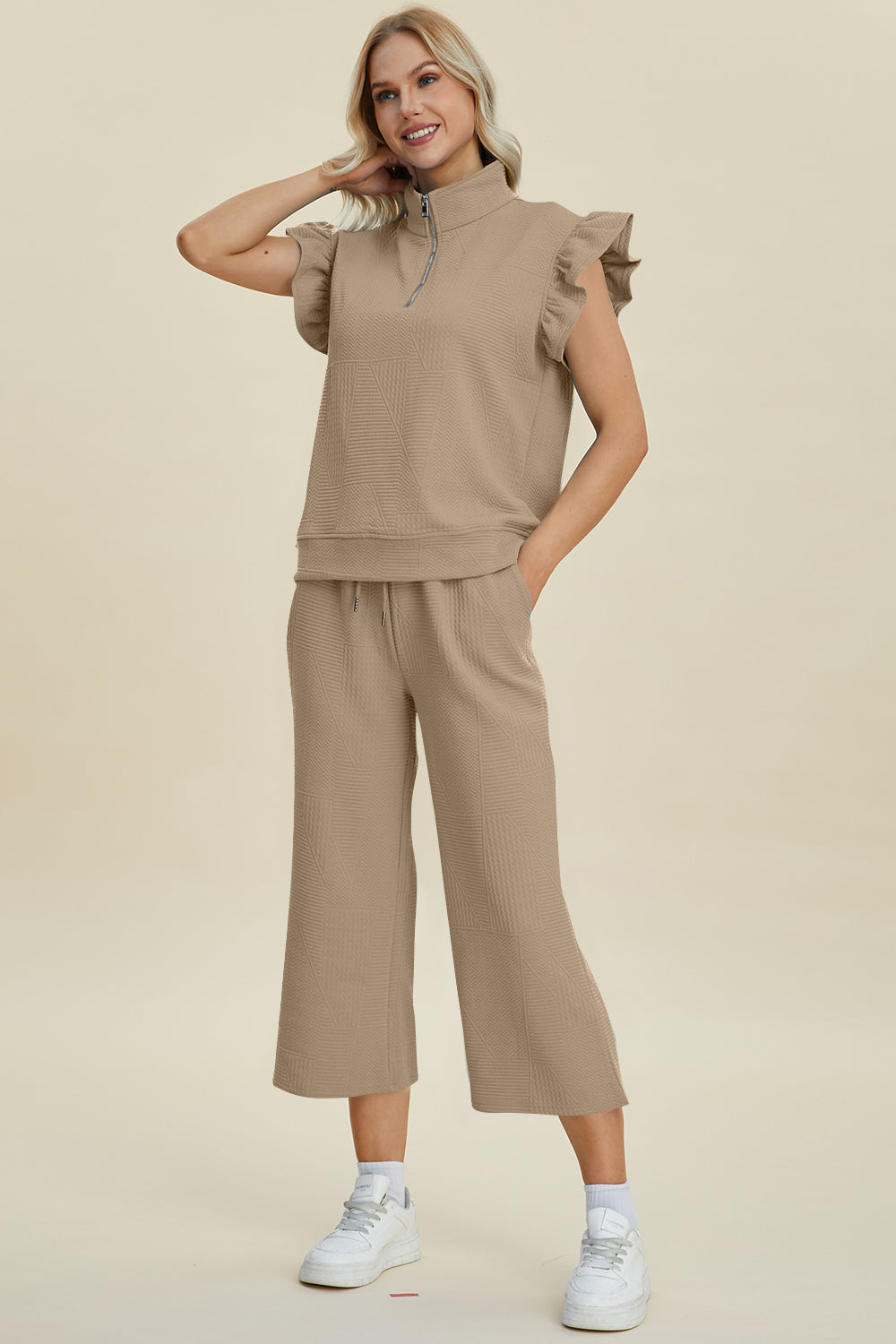 Ruffle Short Sleeve Top and Wide Leg Pants Set