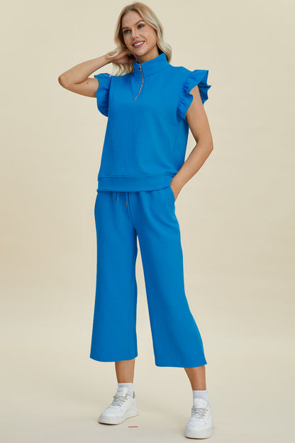 Ruffle Short Sleeve Top and Wide Leg Pants Set