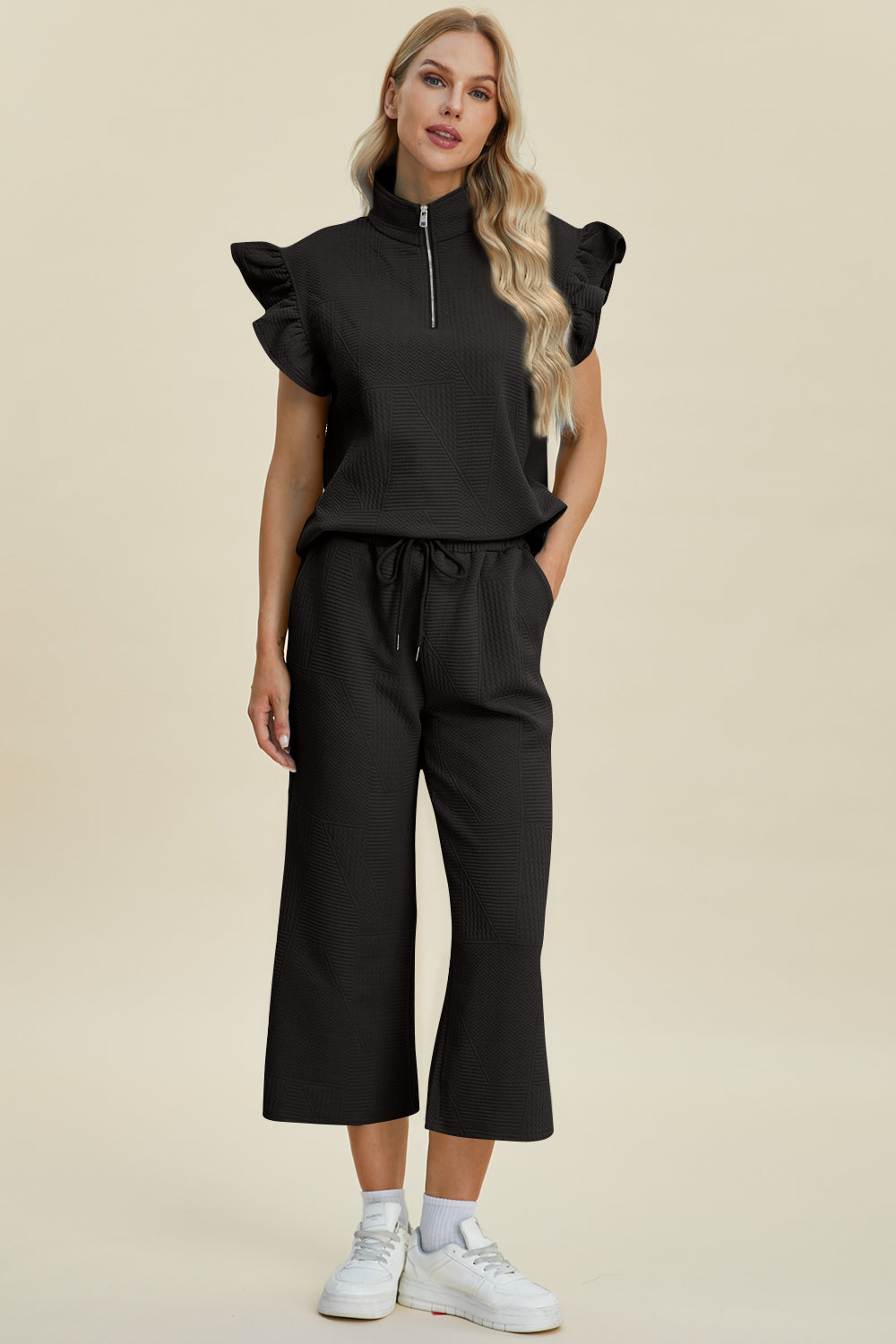 Ruffle Short Sleeve Top and Wide Leg Pants Set