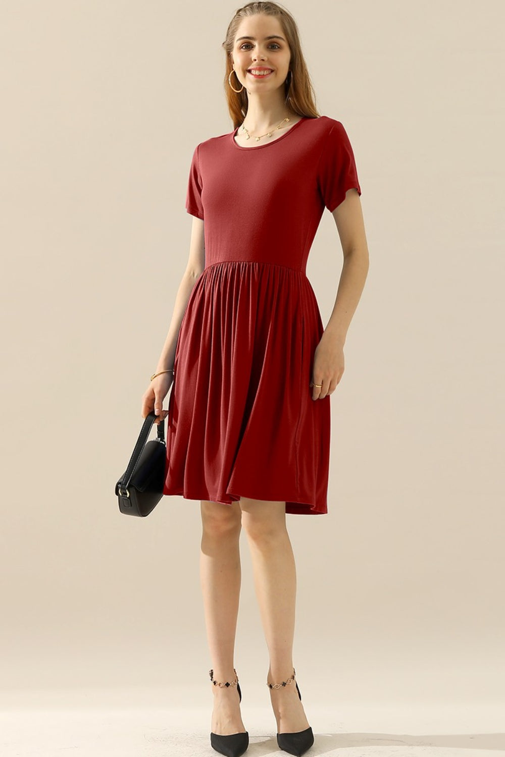 Round Neck Ruched Dress with Pockets