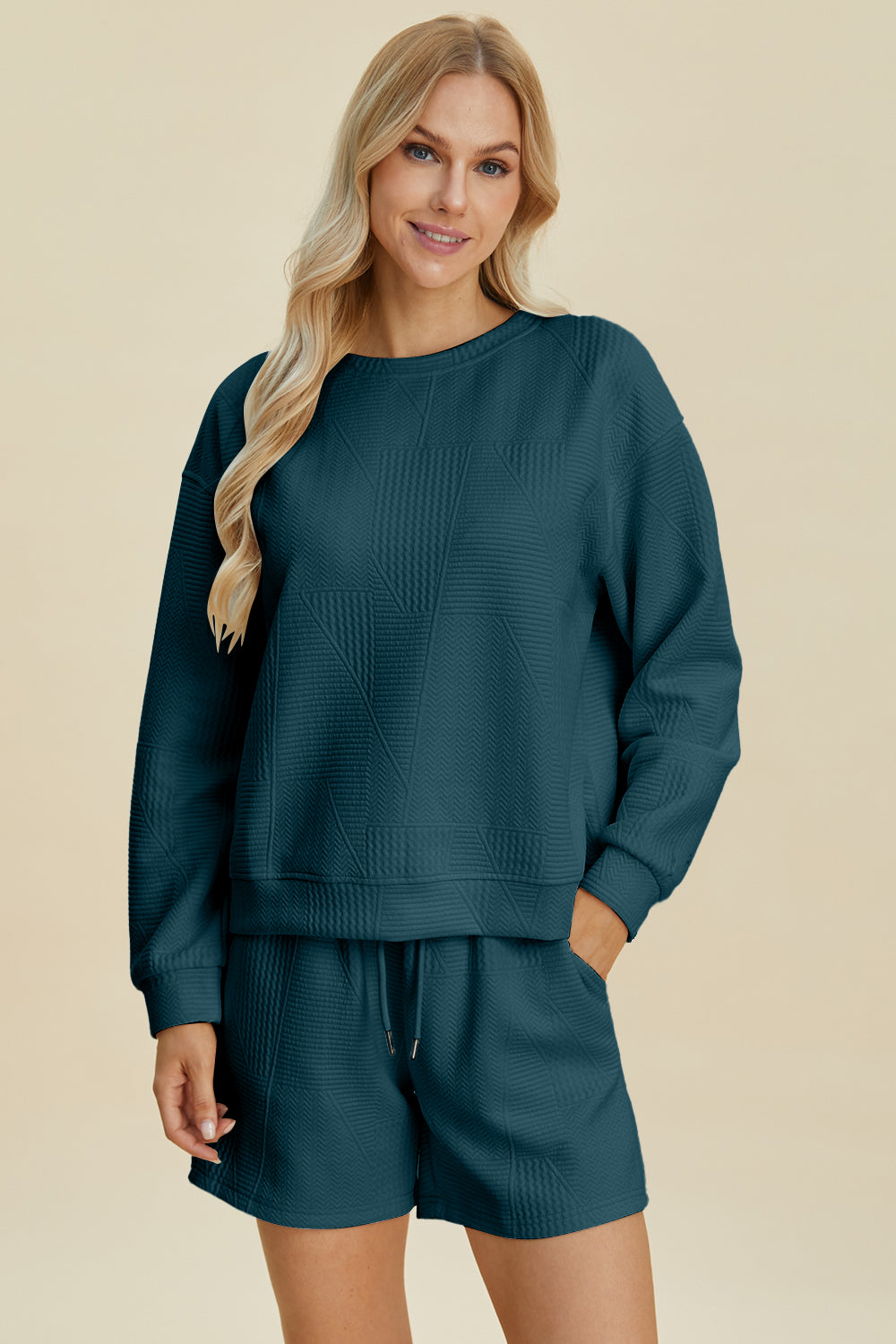 Texture Crew Neck Long Sleeve Top and Shorts Set