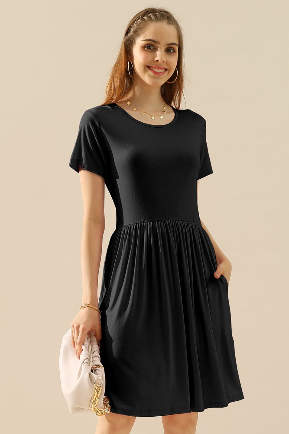 Round Neck Ruched Dress with Pockets