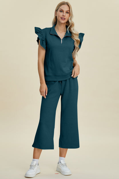 Ruffle Short Sleeve Top and Wide Leg Pants Set