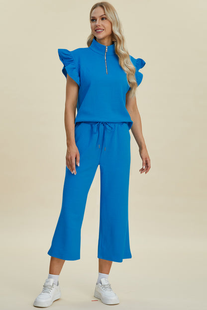 Ruffle Short Sleeve Top and Wide Leg Pants Set