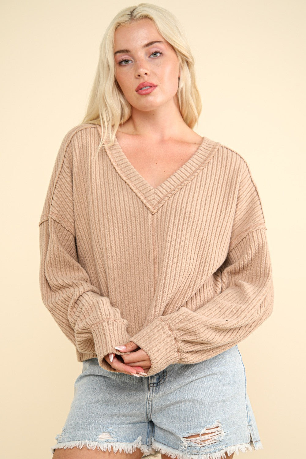 Exposed Seam V-Neck Ribbed Knit Top