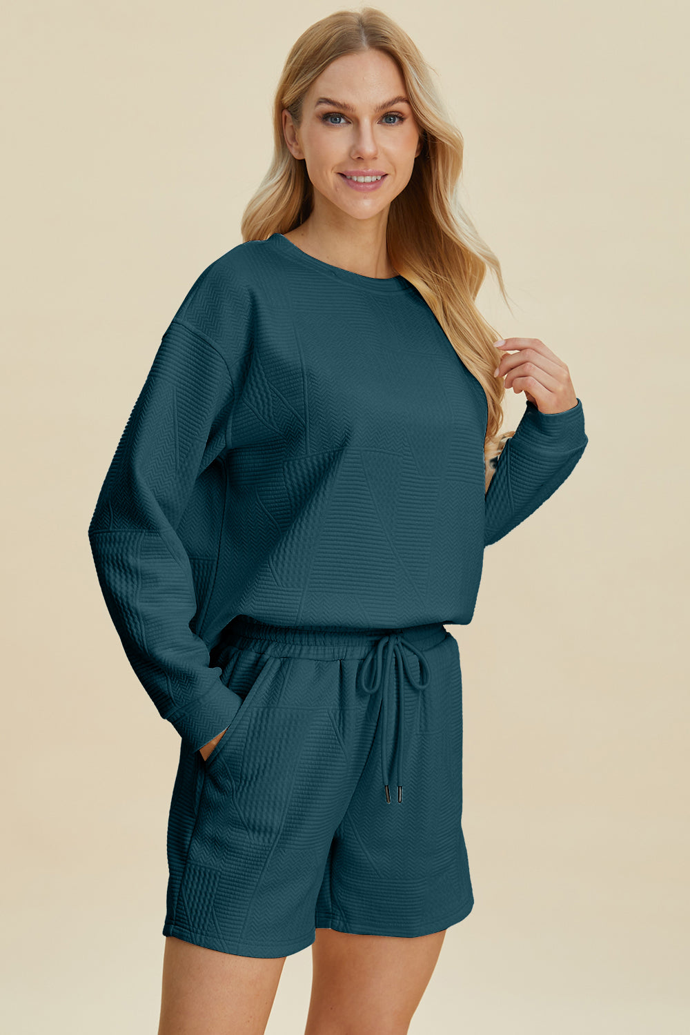 Texture Crew Neck Long Sleeve Top and Shorts Set