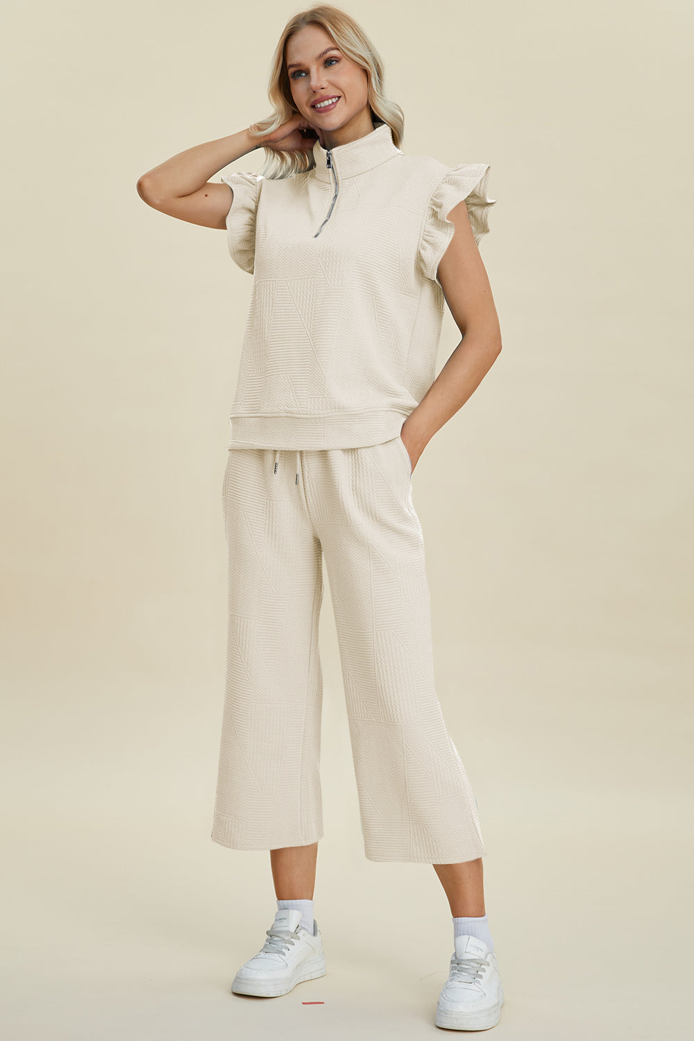 Ruffle Short Sleeve Top and Wide Leg Pants Set