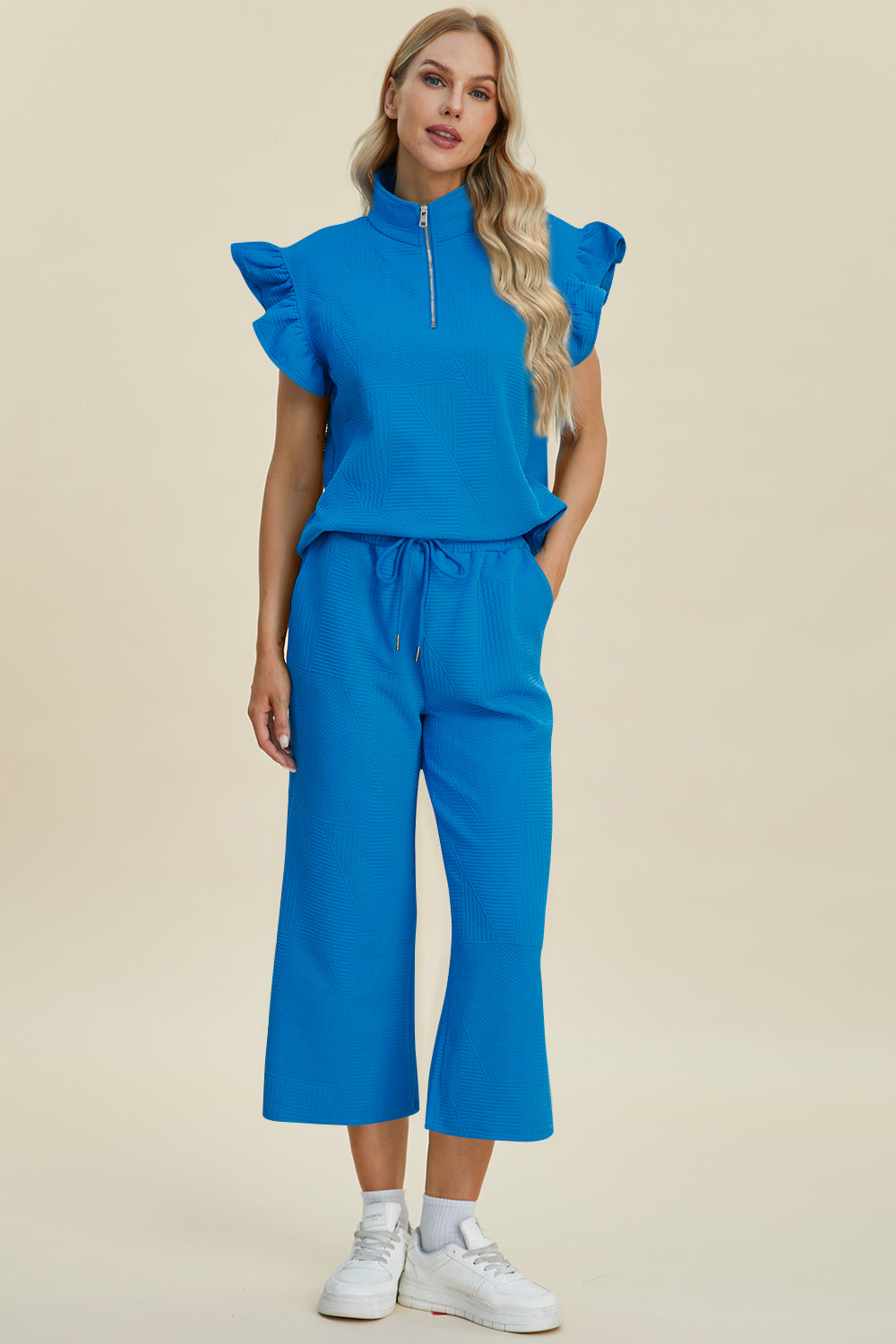 Ruffle Short Sleeve Top and Wide Leg Pants Set