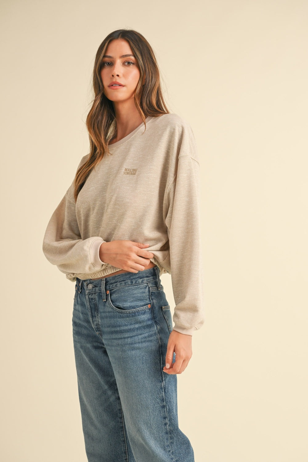 Round Neck Embroidery Crop Sweatshirt