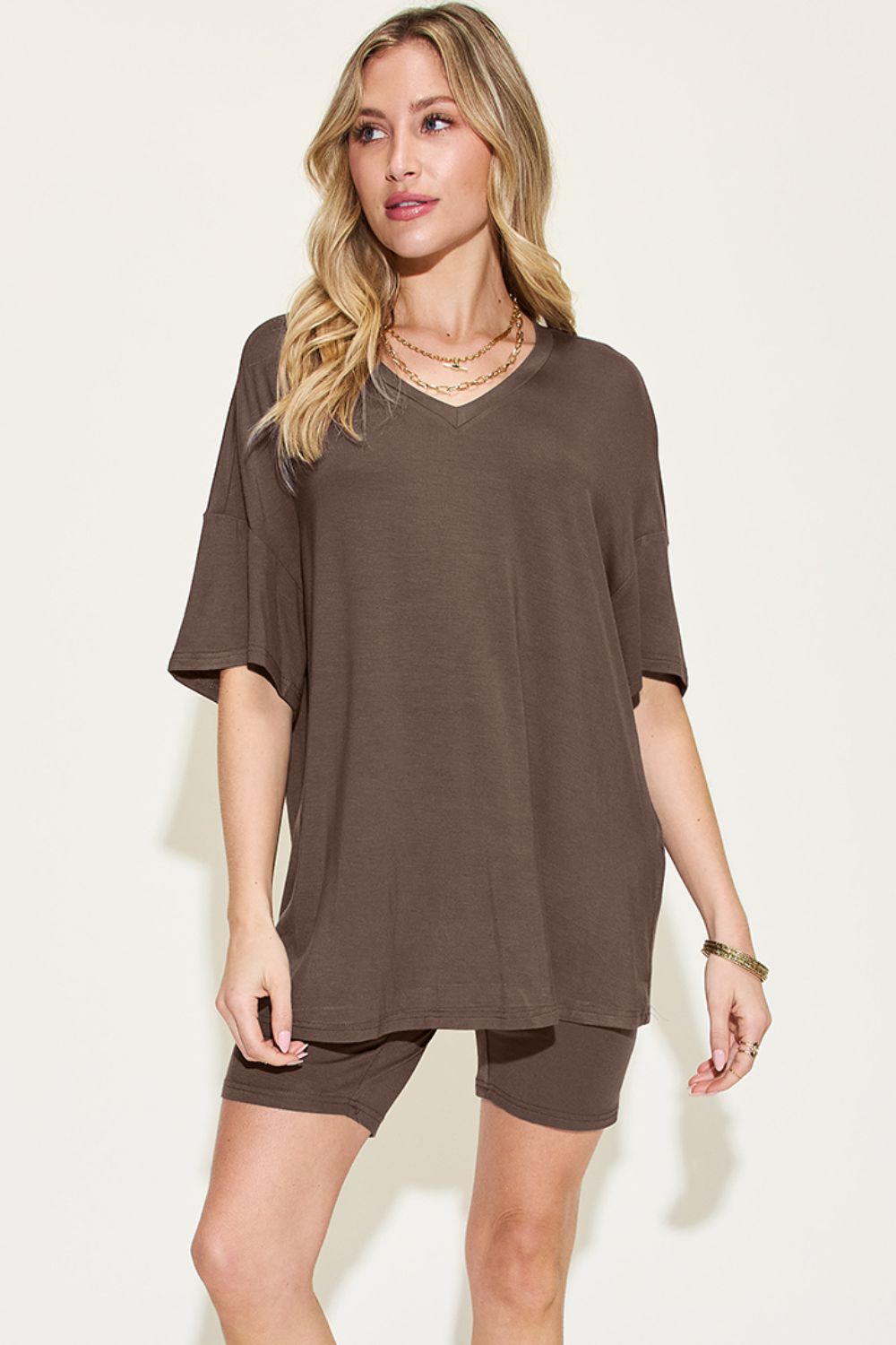 Bae Full Size V-Neck Shoulder T-Shirt and Shorts Set