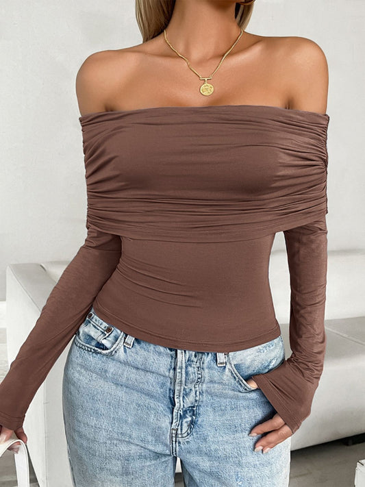 Devine Ruched Off-Shoulder Long Sleeve T-Shirt