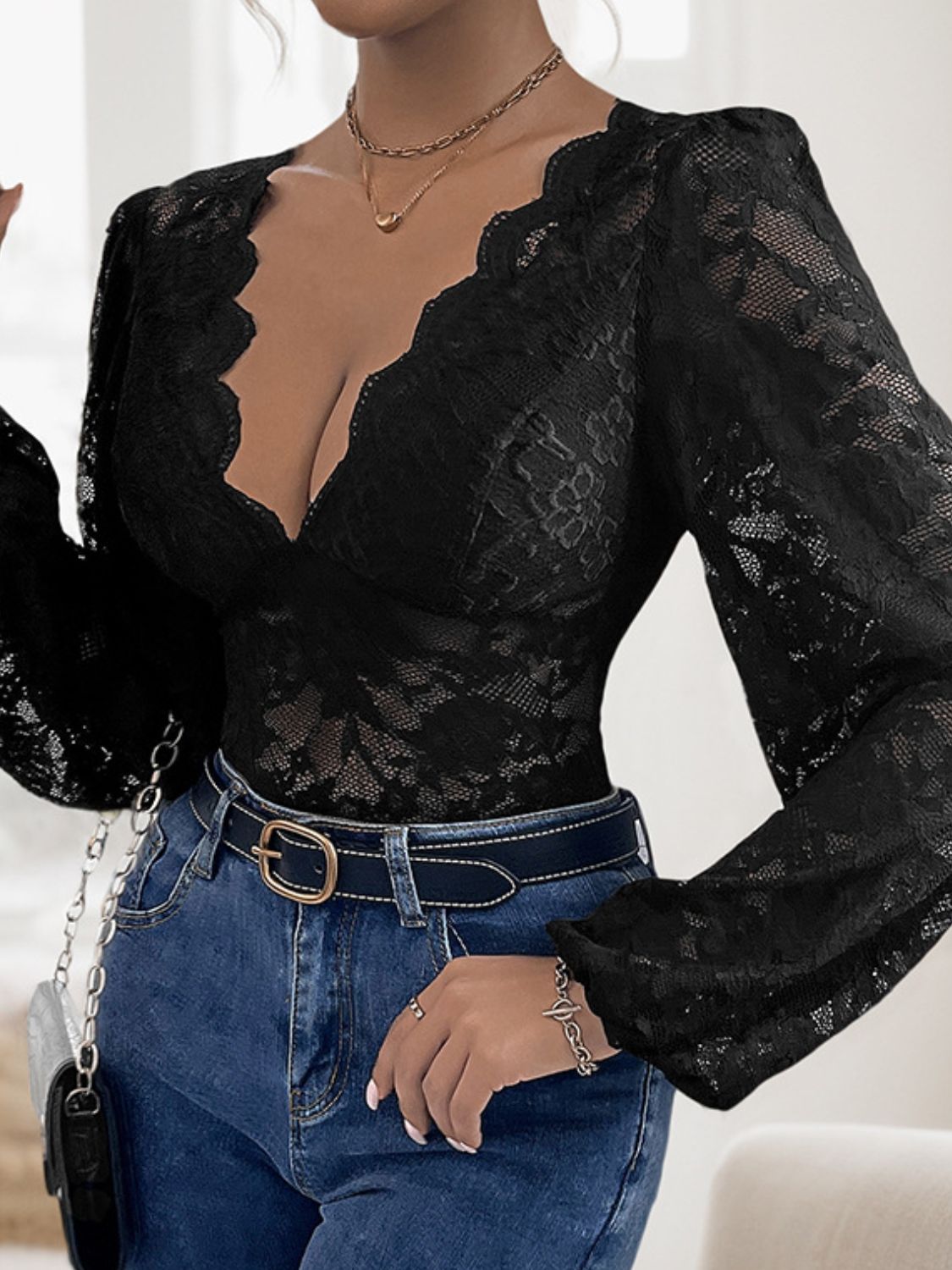 Lace Sheer Top V Neck