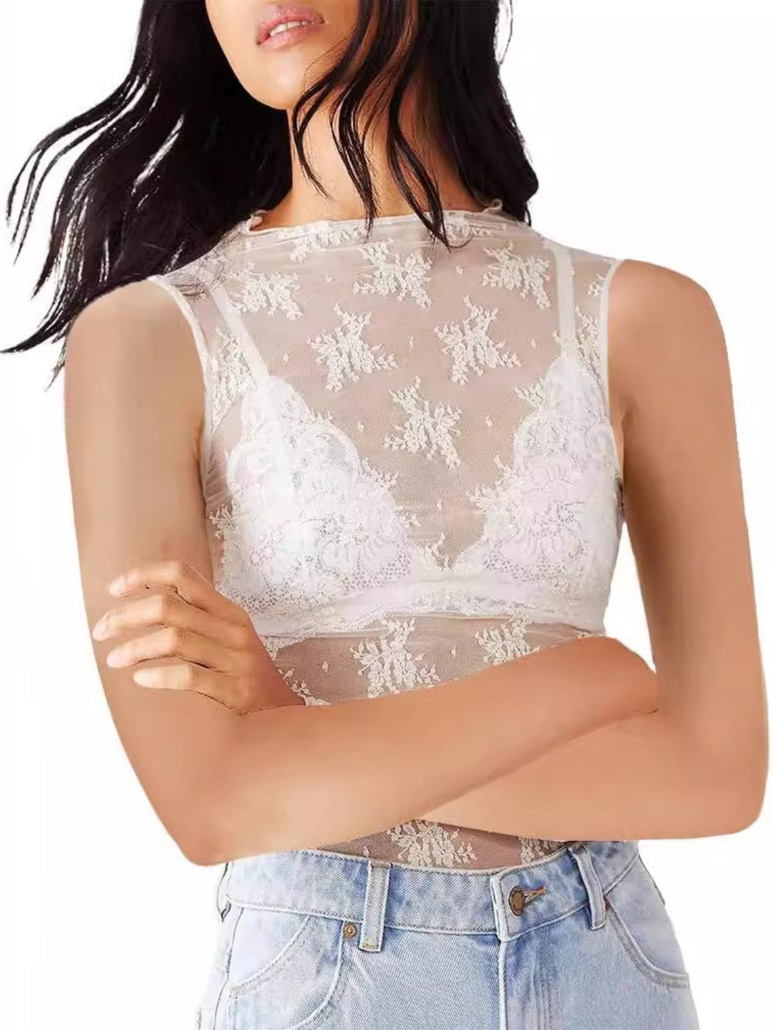 Lace Mock Neck Sleeveless Top