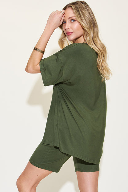 Bae Full Size V-Neck Shoulder T-Shirt and Shorts Set