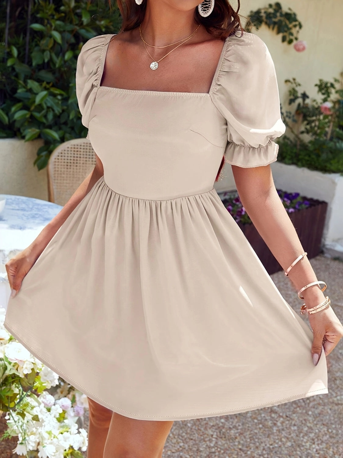 Square Neck Flounce Sleeve Mini Dress