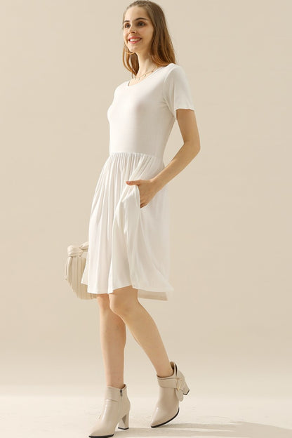 Round Neck Ruched Dress with Pockets