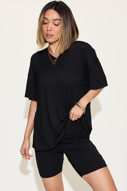 Bae Full Size V-Neck Shoulder T-Shirt and Shorts Set