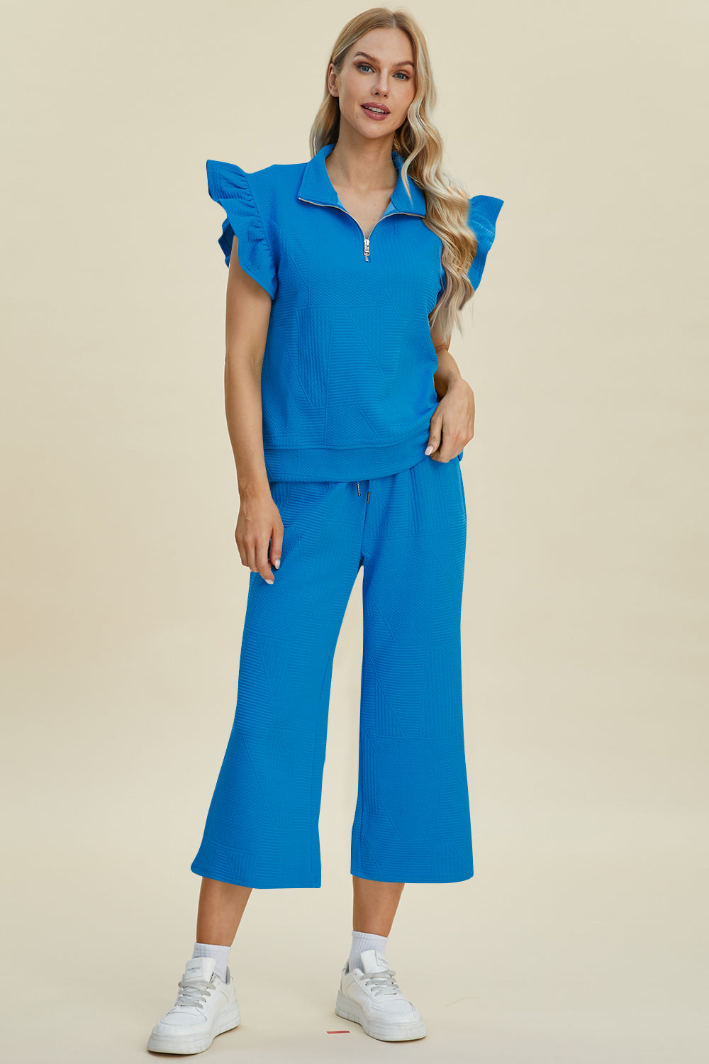 Ruffle Short Sleeve Top and Wide Leg Pants Set