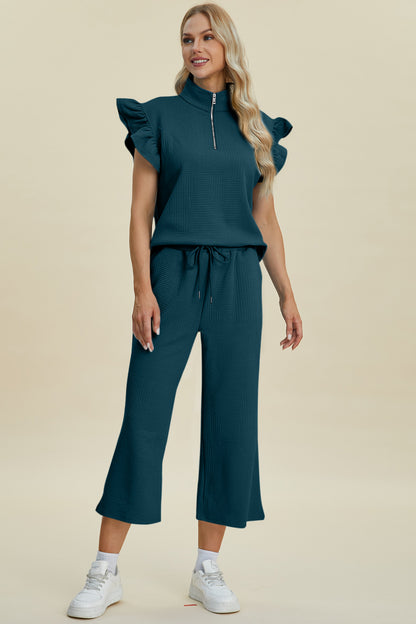 Ruffle Short Sleeve Top and Wide Leg Pants Set